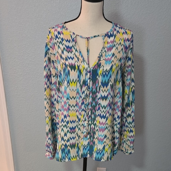 KARINA GRIMALDI Silk Blouse V Neck Chevron Multicolor Pattern Sz Large - Picture 1 of 11